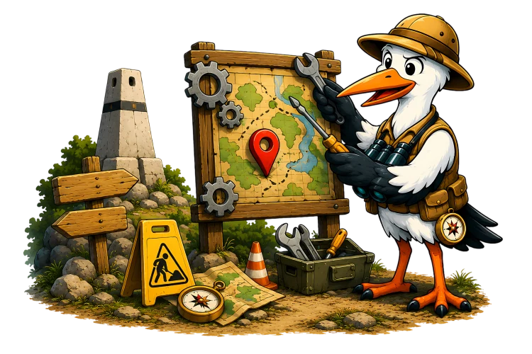 A Cora prepara o LocuXplorer com mapas, ferramentas e sinalização antes da abertura.